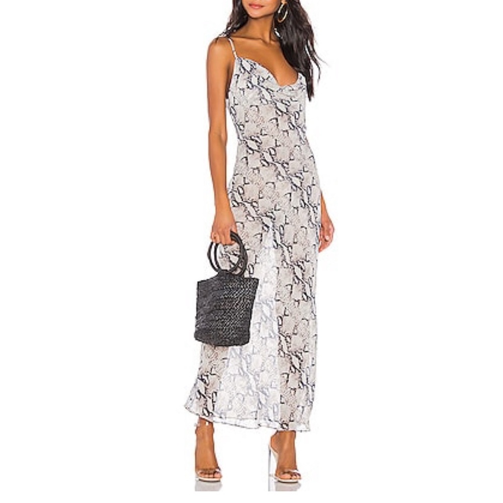 superdown Snake-Print Slip Maxi Chiffon Dina Draped Dress in Gray & Black